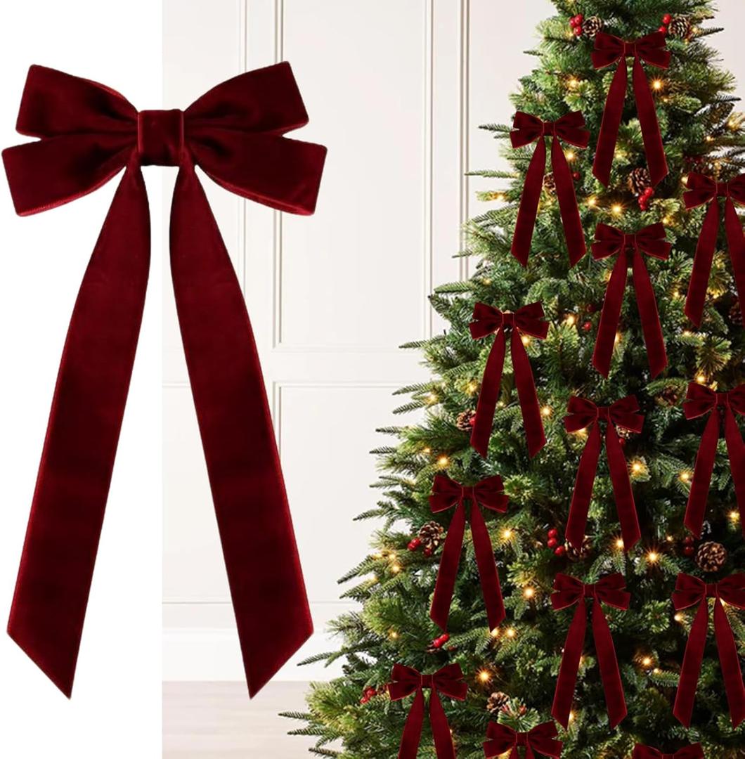 Burgundy Velvet Christmas Ornaments, 5x10 Inch Burgundy Bows for Christmas Tree Vintage Velvet Ribbon Holiday Decor for Home Door Wreath & Garland Indoor Decorations 10PCS