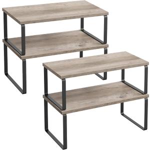 SONGMICS Cabinet Organizer Shelf, Set of 4 Kitchen Counter Shelves, Kitchen Storage, Spice Rack, Stackable, Expandable, Metal and Engineered Wood, Ink Black and Heather Greige UKCS022X02