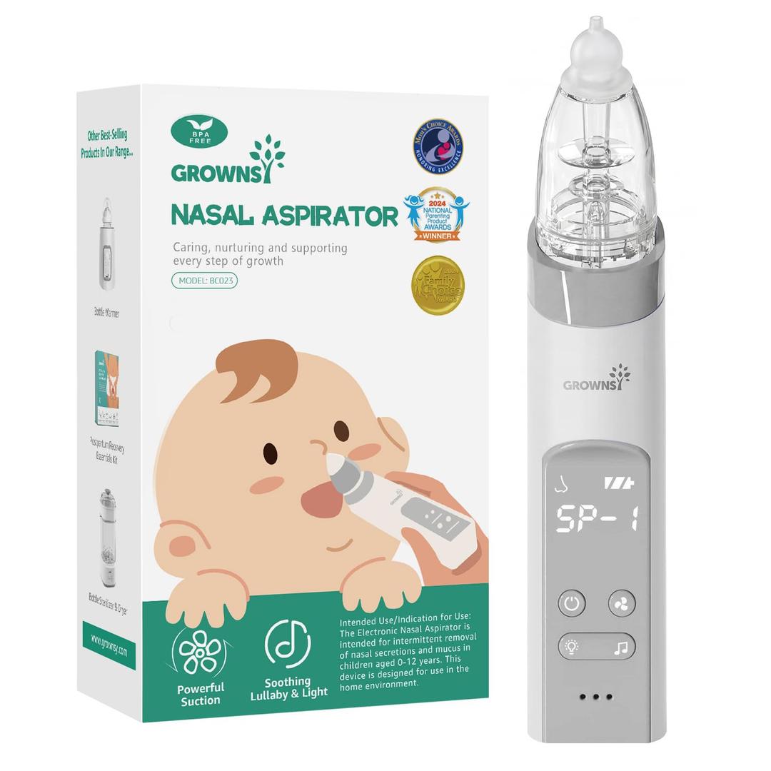 GROWNSY Nasal Aspirator for Baby, Electric Baby Nose Sucker with Larger Suction Chamber and More Powerful Suction, Automatic Nose Cleaner with Music and Light Soothing Function (Grey)