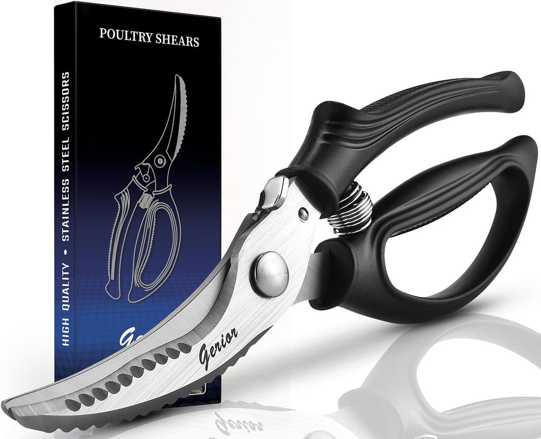 Heavy Duty Poultry Shears - Kitchen Scissors for Cutting Chicken, Poultry, Game, Meat - Chopping Vegetable - Spring Loaded (Black)