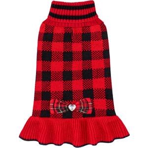 KYEESE Dog Christmas Sweater Dress with Bowtie Checkered, Turtleneck Dog Sweater for Small Dogs Girl with Leash Hole, Holiday Warm Pet Sweaters Dress, Medium, Red Plaid)