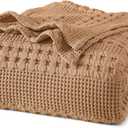 PHF 100% Cotton Waffle Weave Blanket Queen Size, Soft Lightweight Breathable Cozy Summer Blankets for Bed, Luxury Aesthetic Woven Bedding for Home Decor, 90"x90", Camel (Queen (90"x90"))