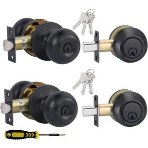 2 Sets All Keyed Alike Entry Door Knobs and Single Cylinder Deadbolt Lock Combo Set, Security for Entrance and Front Door with Classic Flat Ball Matte Black Finish by Lanwandeng