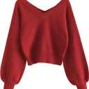 ZAFUL Women's Cropped Sweater V-Neck Long Sleeve Crop Sweater Pullover Jumper Knit Top (Medium, 1-christmas Red)