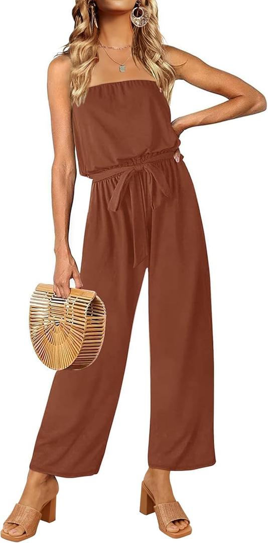 ZESICA Women's Casual Off Shoulder Solid Color Strapless Belted Wide Leg Jumpsuit Romper (Medium, Caramel)