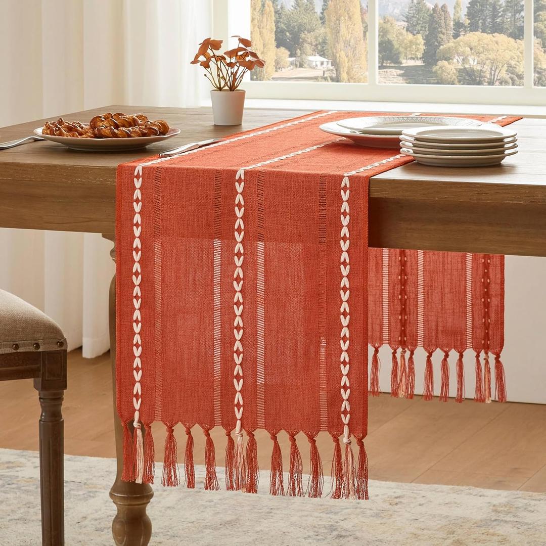 YZJZEDS Hemstitched Farmhouse Fall Table Runner, Orange 13x108 Inch, Cotton Linen Table Runners 108 Inches Long, Embroidered Striped Burnt Orange Boho Table Runner Fall Decoration for Home