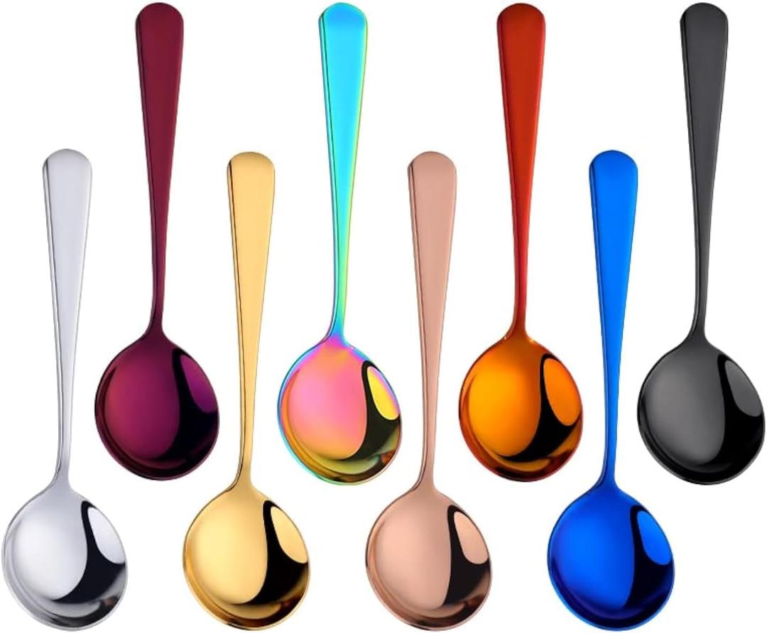 Broth Round Spoon Set, 8-Piece Reusable Stainless Steel Dinner Table Cereal Soup Spoon, Camping Ramen Spoons