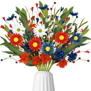 8 Bundles 4th/Fourth of July Decorations Artificial Silk Flowers Red White Blue Patriotic Picks Berry Stems Memorial Independent Labor Day Decor for Home Vase Table Centerpieces