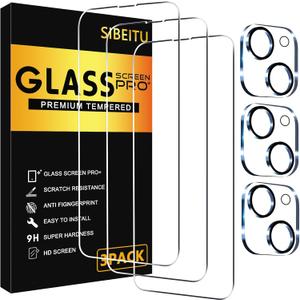 SIBEITU 3 Pack Screen Protector for iPhone 15 with 3 Pack Camera Lens Protector, 6.1 Inch HD Clear 9H Hardness Tempered Glass Film, Scratch Resistent, Easy Installation, Bubbles Free