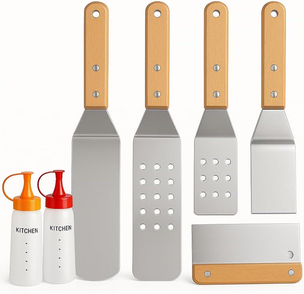7 Piece Stainless Steel Spatula Set-Burger Flipper-4 Spatulas, Chopper, Scraper, + 2 Bottles-for BBQ Grill Flat Top Blackstone