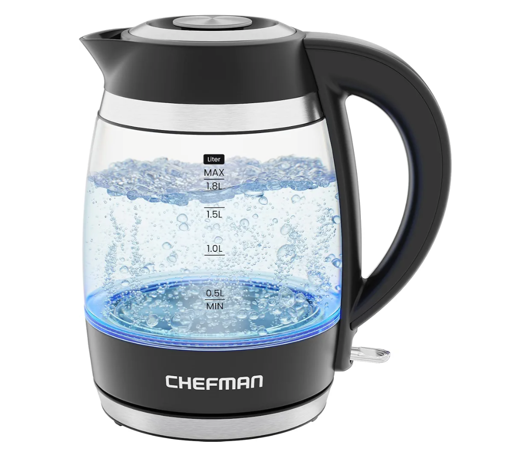 Chefman Electric Kettle, 1.8L 1500W, Hot Water Boiler, Removable Lid for Easy Cleaning, Auto Shut Off, Boil-Dry Protection, Stainless Steel Filter, BPA Free, Borosilicate Glass Electric Tea Kettle