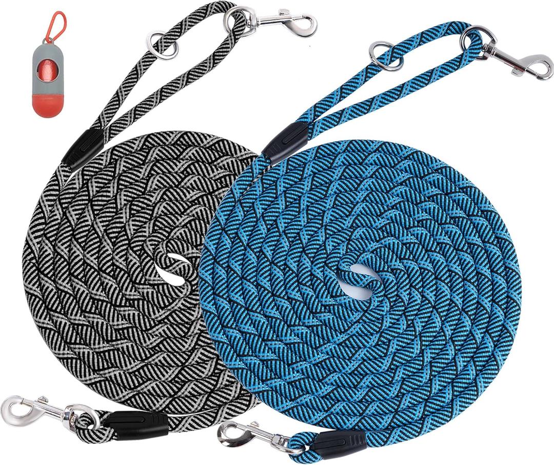 2 Pack Long Dog Leash for Training - 15FT/30FT/50FT, Reflective Rope Check Cord for Large, Medium & Small Dogs - Tie-Out Cable Lead for Hunting, Camping or Backyard (2Pack Black&Blue)