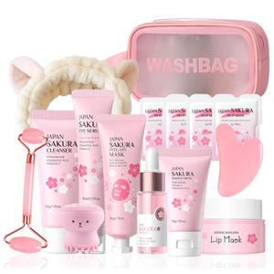 Japan Sakura Skin Care Set - Sakura Birthday Gifts For Teen Girls - Skin Care For Kids - 15 In 1 Skincare For Girls 10-12 Gift Set - Kids Skin Care Set For Girl Ages 8-12 - All Skin Types Gua Sha