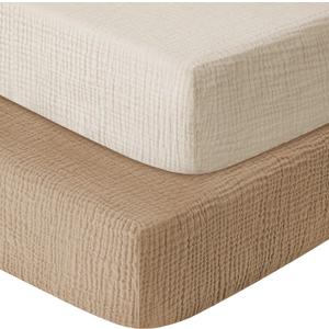 Muslin Crib Sheets for Boys Girls 100% Cotton Fitted Baby Crib Sheet 2 Pack Soft and Breathable for Standard Crib Mattress & Toddler Mattress 52x28in (Beige & Coffee)