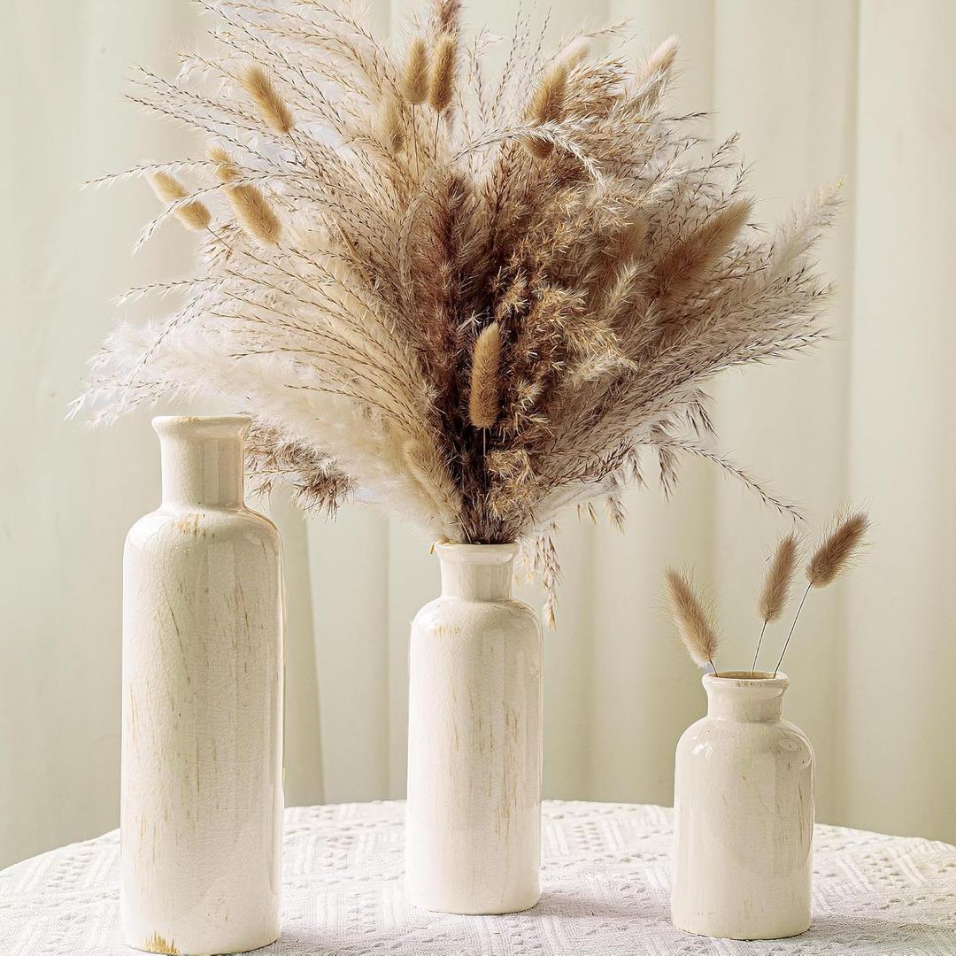Pampas Grass with Vase Set  3 Beige White Ceramic Vases with Natural Dried Pampas, Bunny Tails & More  Neutral Farmhouse Decor for Fireplace, Home, Mantel, Entryway, Kitchen & Boho Table Centerpiece