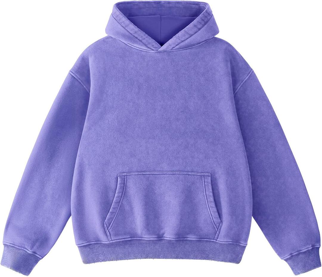 FAIABLE Mens Hoodies Oversized Unisex Acid Wash Hoodie Heavyweight Fleece Vintage Cotton Sweatshirt Men Women Streetwear (Purple, M)