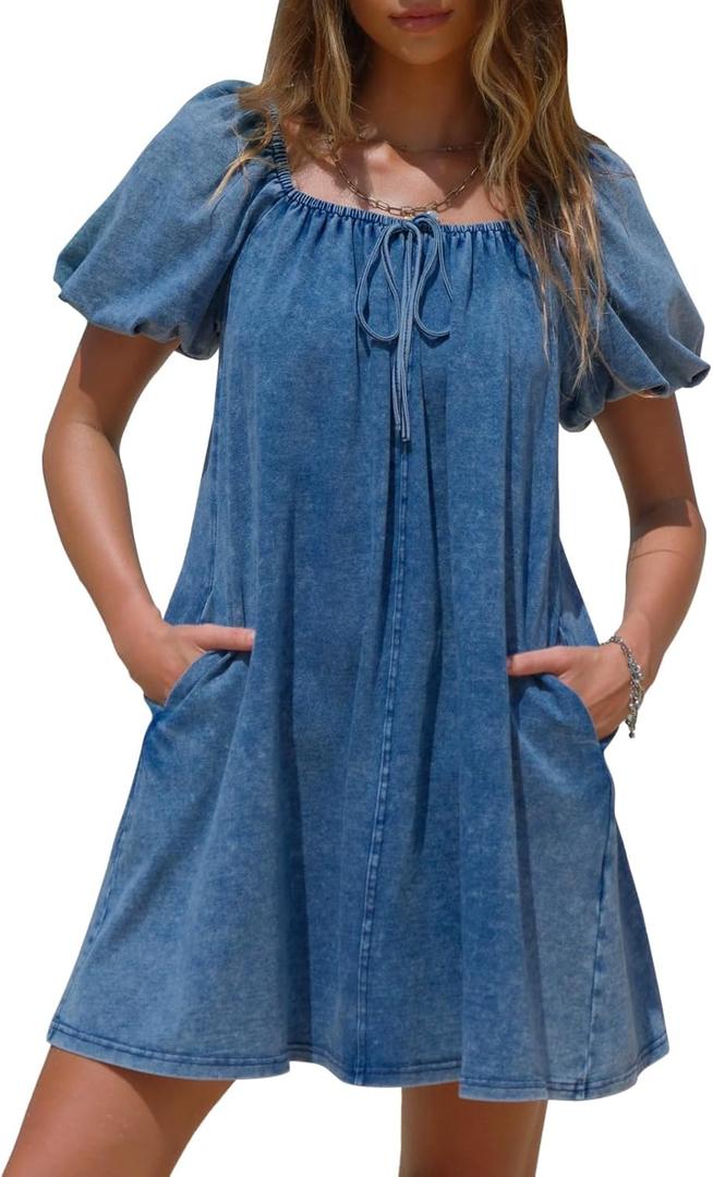 EXLURA Womens Summer Denim Short Puff Sleeve Dresses Knit Loose Plus Size Short Mini Dress 2025 Trendy Outfit (Large, Blue)