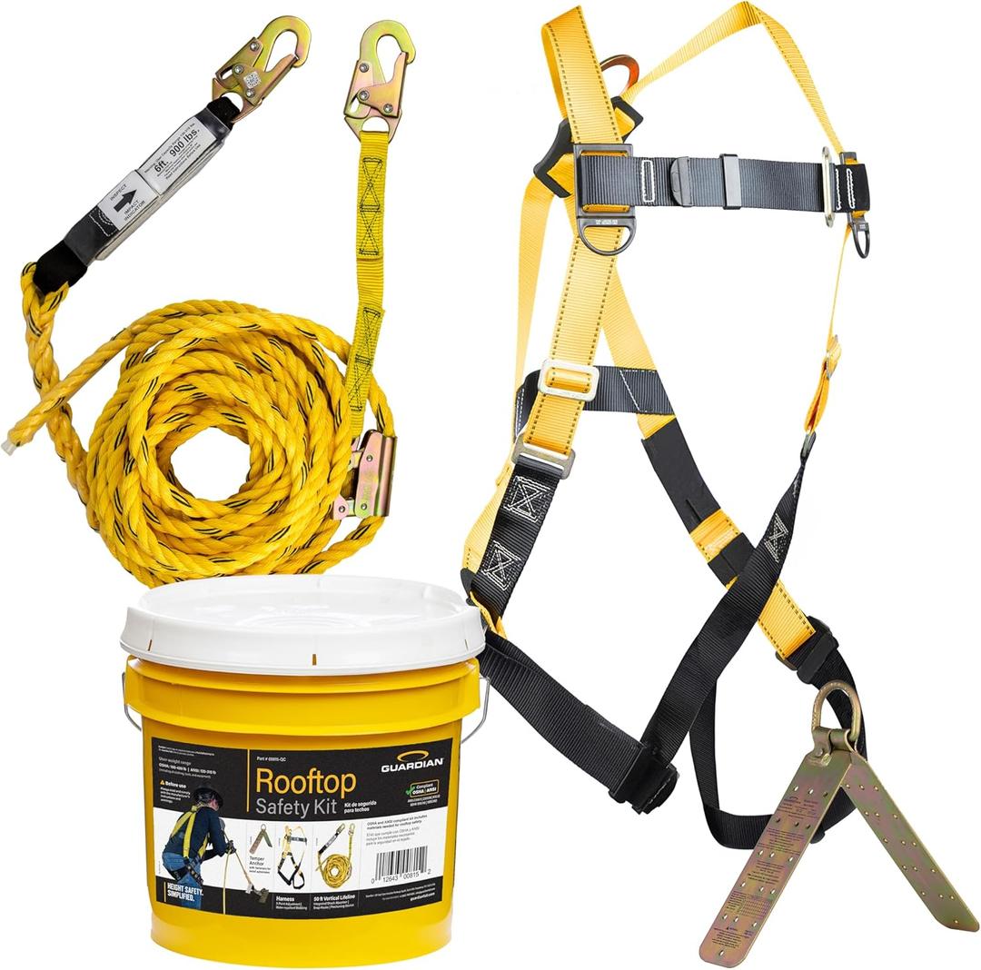 Guardian 00815 Rooftop Safety Kit - 50 ft Vertical Lifeline Assembly | Reusable Temper Anchor | Full Body Harness | Yellow Storage Bucket