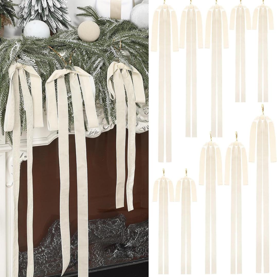 Janinka 12 Pcs 3 Sizes Beige Velvet Bows Christmas Ornaments Cream Velvet Staircase Wreath Rustic Crafts Bows for Xmas Home Decor Christmas Tree Party Indoor Outdoor Door Holiday Decor