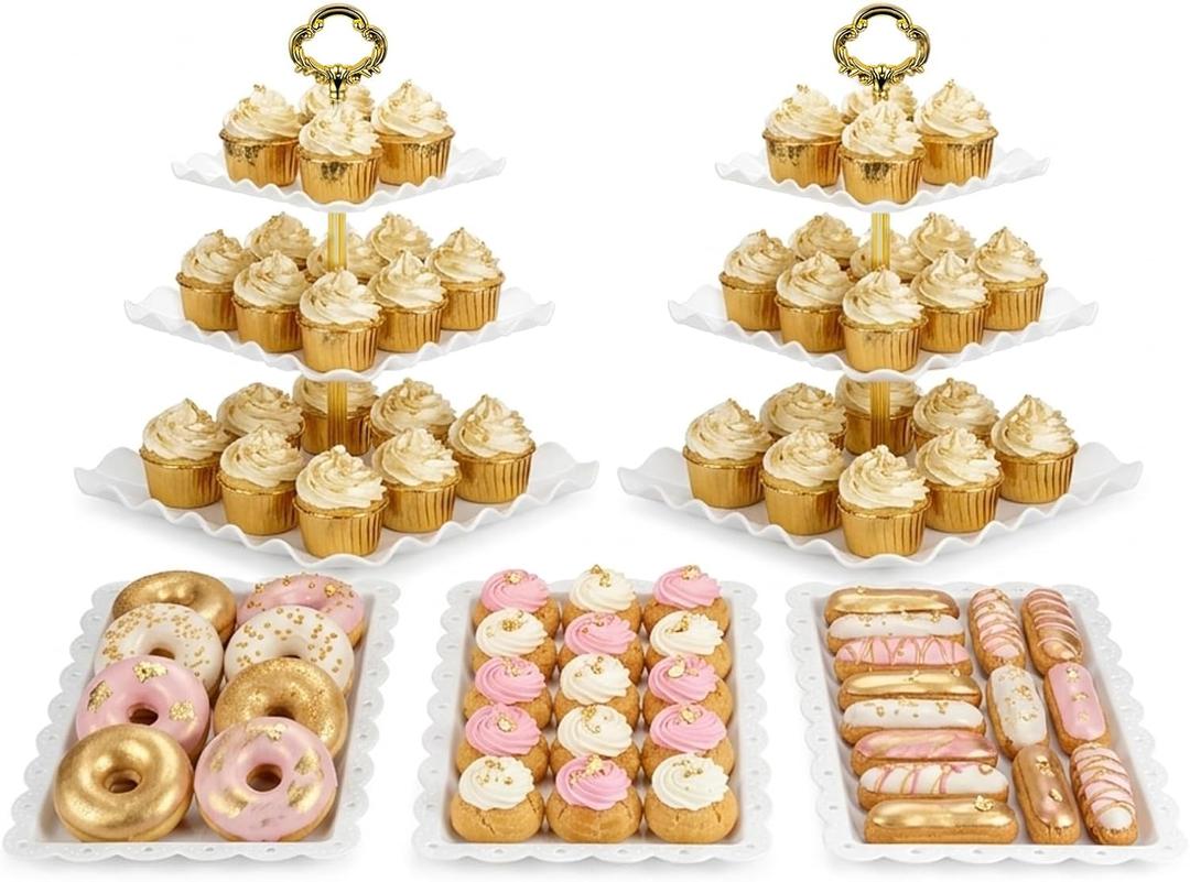 NWK 5 Piece Cake Stand Set with 2 x Large 3-Tier Cupcake Stands, 3 x Appetizer Trays, for Wedding Birthday Baby Shower Tea Party Decorations (Gold)