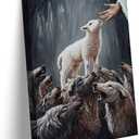 Jesus And Lamb Canvas Wall Art Jesus Saves The Lamb From Wolves Wall Decor Picture Christ Redemption The Lost Lamb Poster Print Painting for Living Room Bedroom Church Home Decoration Ready To Hang
