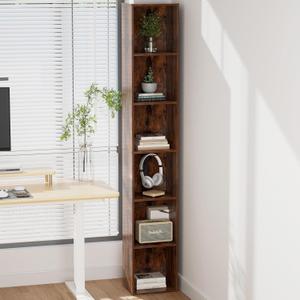 6-Tier Tall Narrow Bookshelf, 70.5" Skinny Thin Bookcase, Brown | Corner Shelf Slim Storage Cabinet,Wood DVD CD Media Cube Organizer Tower Rack for Small Spaces, Bedroom, Living Room, Office