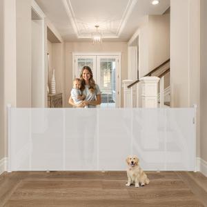 Upgrade Retractable Baby Gates Extra Wide(150" W x 42" H), 150 inch Reinforced Retractable Dog Gate to Prevent Crawling Through, Retractable Gate Outdoor/Indoor, Real One-Handed Operation, White