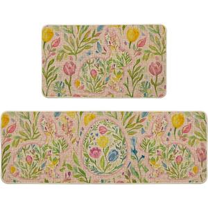 Artoid Mode Colorful Rabbit Bunny Egg Easter Kitchen Mats Set of 2, Spring Home Decor Low-Profile Kitchen Rugs for Floor - 17x29 and 17x47 Inch (Pink)