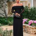 KUTUMAI Women Off Shoulder Bodycon Maxi Dress Long Sleeve Mesh Ruched Party Formal Wedding Guest Dresses (Black) L