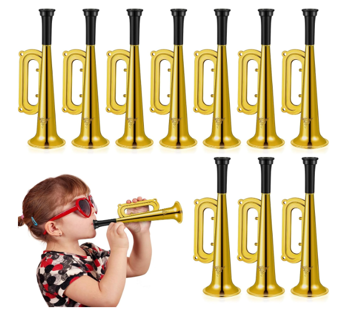 Poen 12 Pcs Toy Trumpet Kids Mini Metallic Trumpet Parties Musical Blow Horn Instruments Plastic Noise Makers for Kids Events Party Favors Music Class Stage Props 7 Inch Easter Day(Gold)