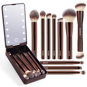 MAANGE Makeup Brush Set 10 Pcs Travel Makeup Brushes Double-ended Kabuki Brush for Foundation Powder Concealers Eye Shadows Makeup Tools Set with LED Light Mirror (Coffee Brown)