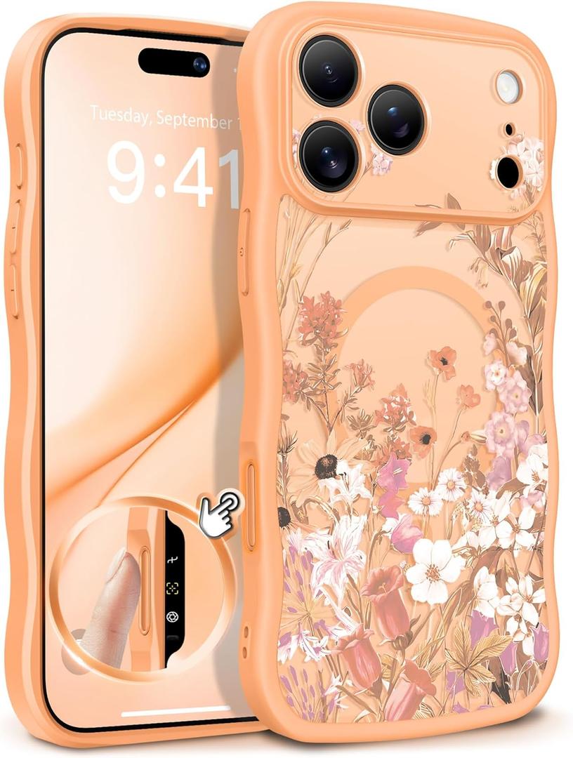 GVIEWIN for iPhone 17 Pro Case Compatible with MagSafe [Curly Wave Edge][Full Camera Protection] Floral Translucent Shockproof Magnetic Women Phone Case for iPhone 17 Pro 6.3'', Campanula/Orange