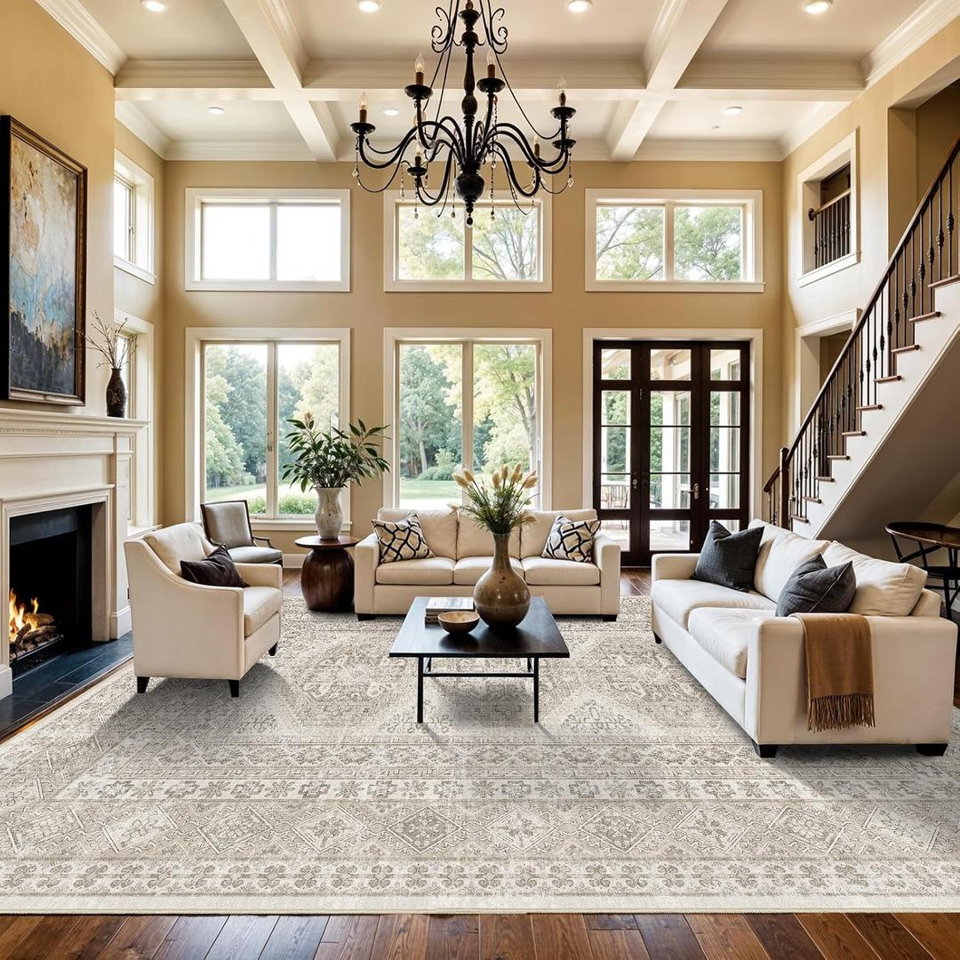 12x15 Area Rug for Living Room: Vintage Oriental Washable Rug for Bedroom Dining Room with Non Slip Rubber Backing Stain Resistant Low Pile Large Carpet Home Office (Beige, 12x15)