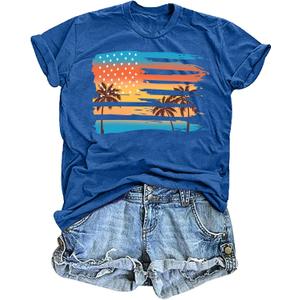Beach Shirts Women Hawaiian T-Shirt Palm Trees Beach Graphic Tee Summer Vacation Patriotic Short Sleeve Tops (Gray, S)