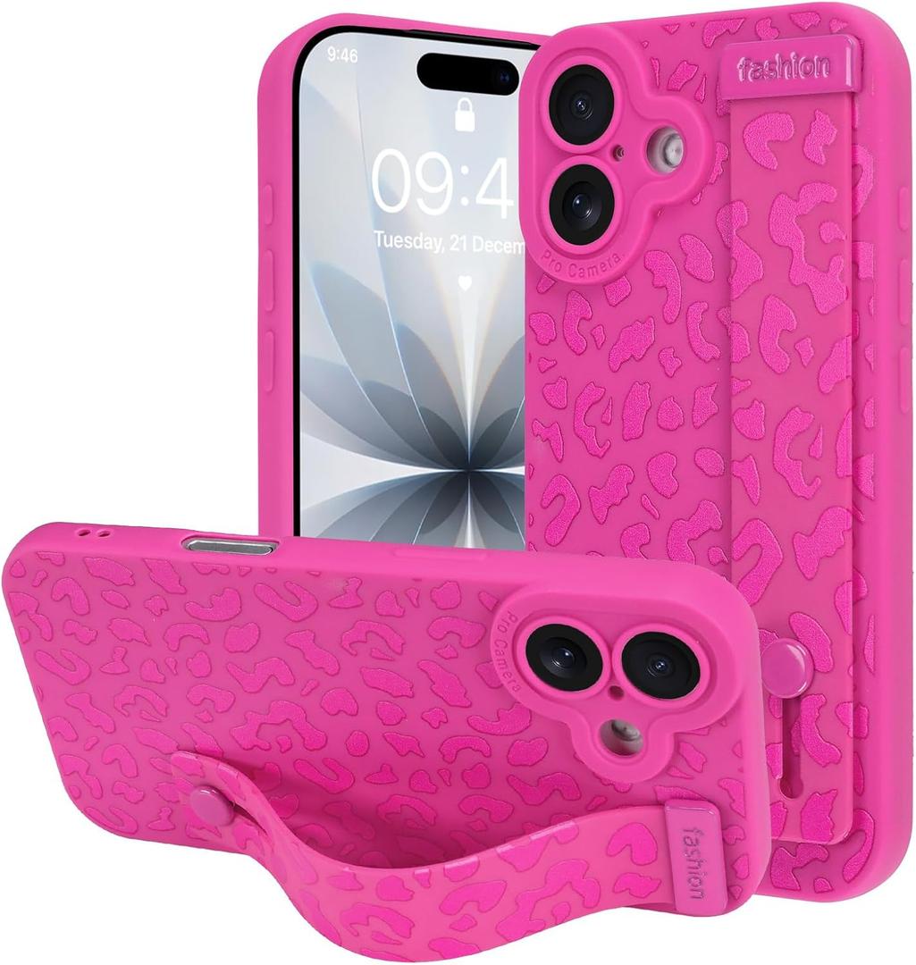 OOK Compatible with iPhone 17 Leopard Case with Wrist Strap, Hot Pink Leopard TPU Shockproof Protection Slim Cover with Camera Protection for Women Girls, for 6.3inch