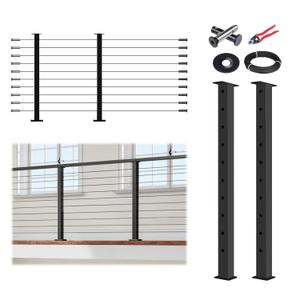 5-10ft Black Modular Cable Railing Kit for Deck Surface Mount 36inch HU01 | 2 Level Post Kit with Wire Rope & Cable Railing Hardware, No Handrail, Black Cable Railing System, Length Adjustable