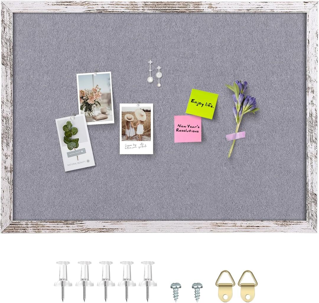 Aitakatta Gray Felt Bulletin Board, 35.4x23.6 inches Decorative Hanging Bulletin Boards for Walls with White Rustic Wood Frame, Pin Board Vision Board for Office Home School with Pins (6090, WH, 1pc)