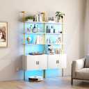Yusong 73" Tall Bookshelf with Cabinet and RGB LED Lights, 7-Color Adjustable Industrial Ladder Wall Mount Shelf, Frame Bookcase with Lighting for Living Room Bedroom, White Gold