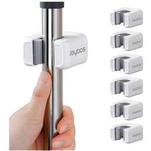 Joybos 6 Pack Mop and Broom Holder Wall Mount, No Drill Needed Self Adhesive, Non-Slip Mop Grippers for Tile Walls - Kitchen, Bathroom, Garage White