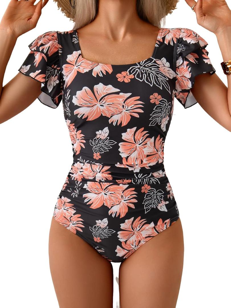 Eomenie Women's Tummy Control One Piece Swimsuit Ruffle Square Neck Bathing Suit Ruched Cutout Back Slimming Swimwear (Black Red Floral) Small