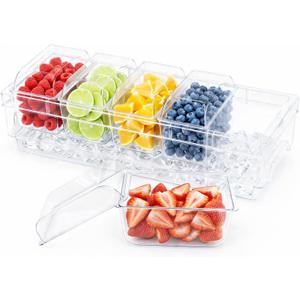 Lifewit Chilled Condiment Containers with Lids, Plastic Taco Bar Serving Set for Party with 5 Containers, Ice Garnish Tray for Mimosa Bar Supplies, Clear Serving Platter for Fruit, Salad, Snack