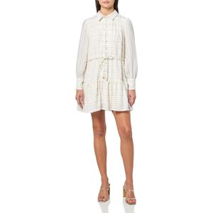 BCBG Women's Long Sleeve Collared A-Line Mini Dress with Tie Belt, Whisper White/Black, 12