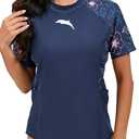 Halcurt Women's Short Sleeve Rash Guard Top with Built in Bra Side Pockets Swim Shirts UPF50+ Swimsuit (Large, Navy/Floral)