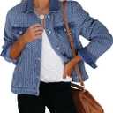 Luvamia Jean Jacket Women Trendy Texture Distressed Button Down Long Sleeves Casual Trucker Denim Jackets with Pockets (Blue, M)