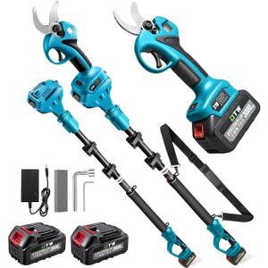 Electric Pruning Shears with Pole 1.4-2.0 Cutting Diameter & 2-IN-1 Electric Pole Pruner,2PCS 21V 3.0Ah Batteries,Brushiless Motor,4 Modes Adjustable Branches Cutter for Flower, Tree Trimming(Blue)