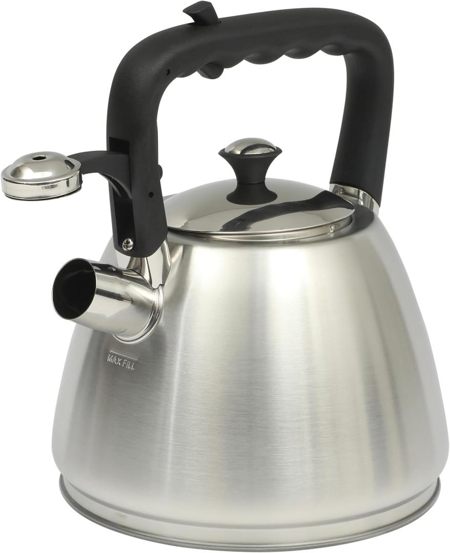 Mr. Coffee Armidale 2.5QT Whistling Tea Kettle, Large Brushed Stainless Steel Kettle for Stovetop, Durable Fast-Boil Tea Pot, 2.6 Quarts