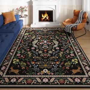 8x10 Area Rugs for Living Room Washable Rug Floral Non-Slip Large Rug for Living Room, Bedroom, Farmhouse, Dining Room, Kids Playroom (Vibrant Black)
