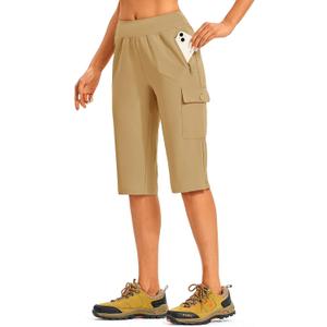 TBMPOY Womens 15" Long Hiking Shorts Below Knee Length Cargo Capri Bermuda Water Resistant Lightweight Stretch 3 Pockets (L)