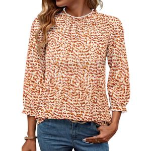 SimpleFun Womens Blouses 3/4 Sleeve Ruffle Neck Printed Business Casual Tops Flowy Dressy Work Shirts (XL)