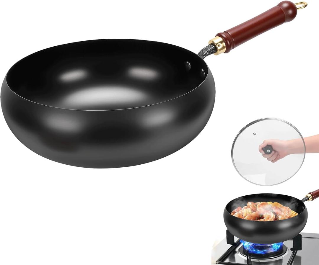Gugxiom Suntuup Japanese Iron Pan, 28cm Cast Iron Wok, with Spatula, 2 Covers to Choose From, for Pots On Electric Stoves/Induction Cookers/Gas Stoves (Glass lid)